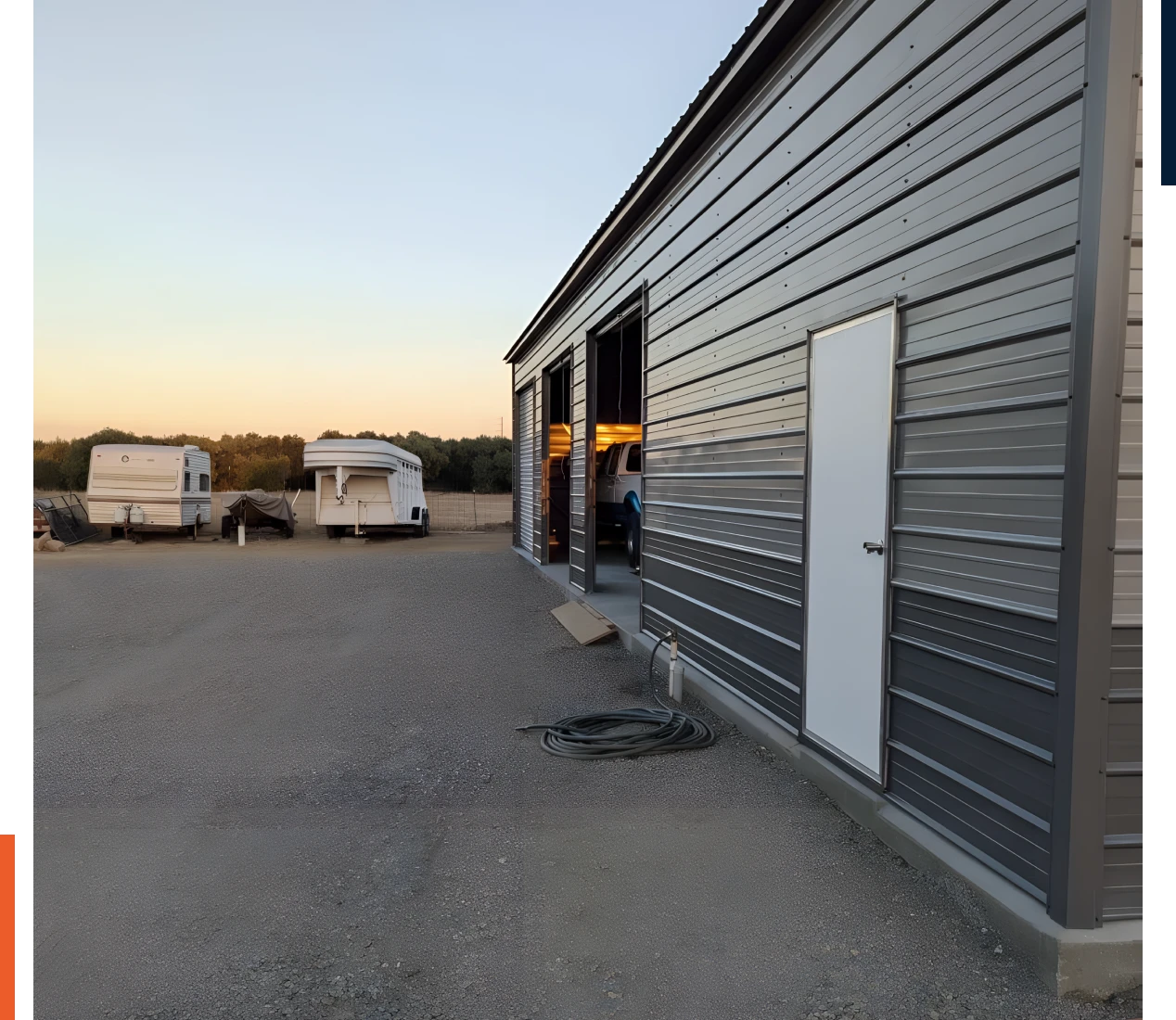RVs parked near metal building